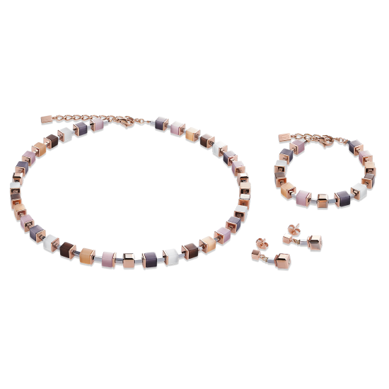 Coeur de Lion Necklace GeoCUBE® synthetic tiger's eye & Swarovski® Crystals  beige-rose-rose gold - Jewelry Sale
