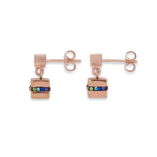 Coeur de Lion Earrings Cube stainless steel rose gold & crystals pavé multicolour - Jewelry Sale
